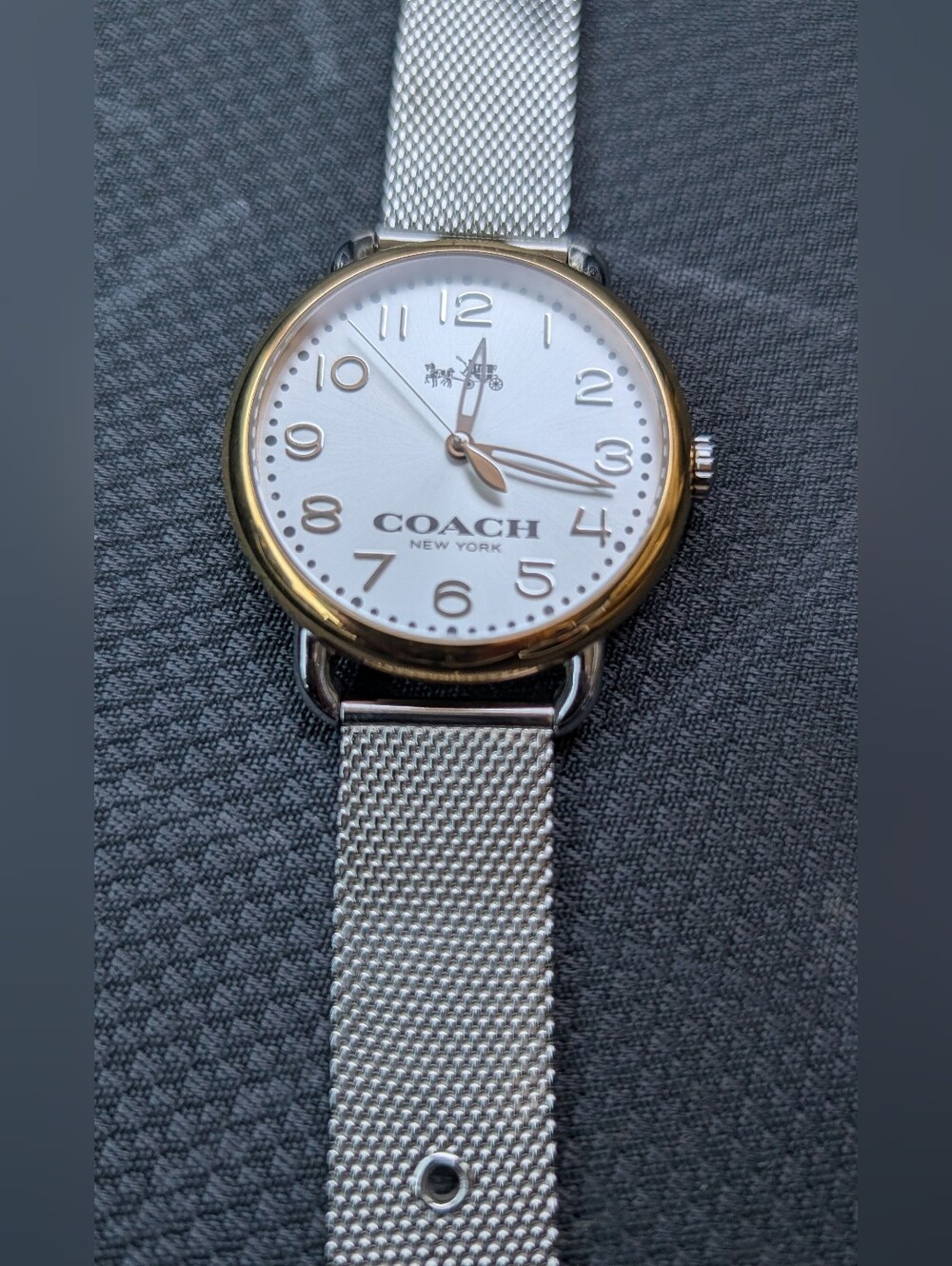 Coach Delancey Watch Silver Mesh Strap with Gold-Tone Bezel and White Dial VGC